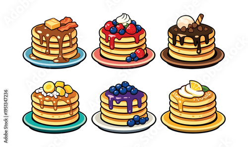 Six stacked pancake illustrations on plates, each with unique sweet and savory toppings, ready for breakfast or brunch