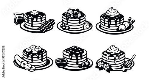 Multiple vector icons showing pancakes with syrup, fruit, ice cream, bacon, butter, and honey for menu design