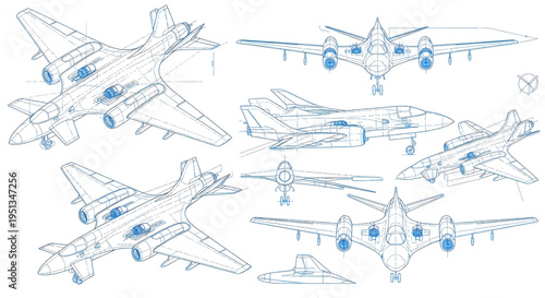 Futuristic Aircraft AutoCAD Blueprint Vector – Advanced Aviation Technical Multiview Outline Drawing