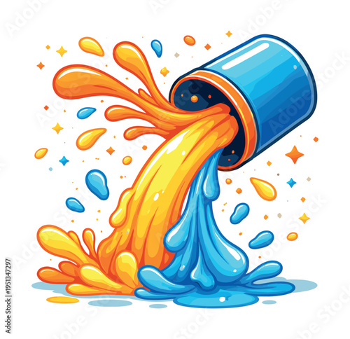 Paint bucket tipping over, spilling vibrant orange, yellow, and blue liquid together, forming dynamic splashes and drips