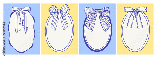 Set of four blue outline labels with ribbon bows on pastel blue and yellow backgrounds. Elegant vintage frames in oval and rounded shapes for packaging, branding, stationery, and tag themes.