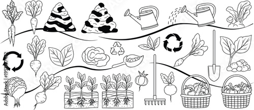 Organic Farming Process Icon Set with Vegetable Growth Stages, Composting, Watering, Harvesting and Eco Agriculture Cycle Illustration Collection