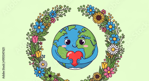 Smiling earth with heart surrounded by colorful flowers on green background symbolizing love and care for the planet and environment