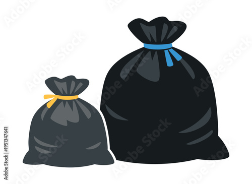 Large and small black garbage bags sealed with colorful ties, representing waste handling, sanitation, and trash removal