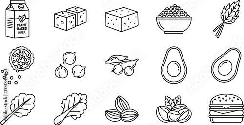Plant-based Food and Vegan Ingredient Icon Set Featuring Milk, Tofu, Avocado, Seeds, and Healthy Plant-based Foods for Vegan and Vegetarian Diets
