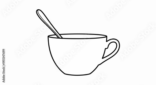 A simple line drawing of a white ceramic coffee cup with a spoon inside on a plain background