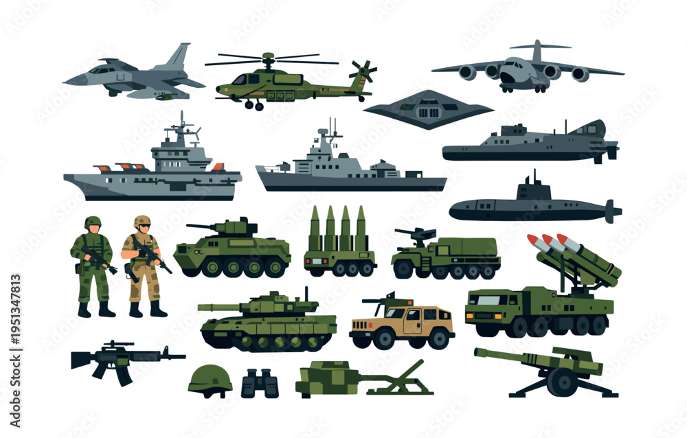 Fototapeta premium Comprehensive military collection displaying modern army, navy, and air force assets for defense operations and strategic warfare