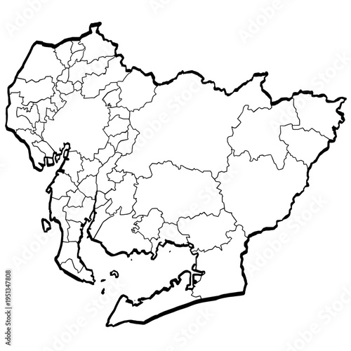 愛知県地図 筆タッチ 市町村区分 和風 中部地方 日本 / A brushstroke map of Aichi prefecture 2