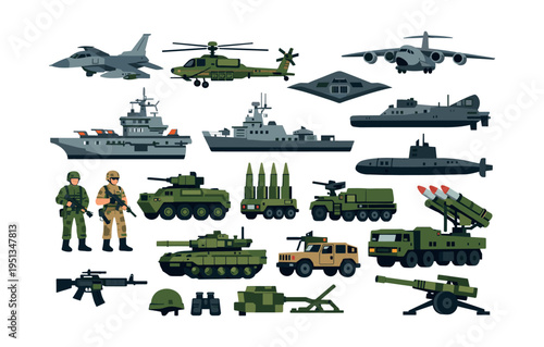 Comprehensive military collection displaying modern army, navy, and air force assets for defense operations and strategic warfare