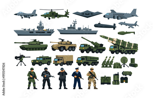 Collection representing military forces, including soldiers, tanks, jets, helicopters, warships, submarines, missiles, and other combat weapons
