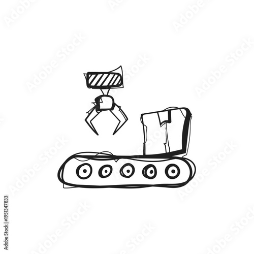 Industrial Crane Robot Arm on Conveyor Belt Hand Drawn Vector