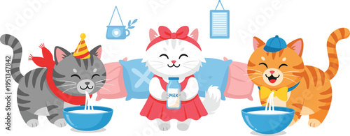 Playful Cartoon Cats Drinking Milk from Bowls with Party Hats and Adorable Clothing for Fun and Festive Animal Illustrations