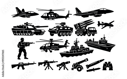 Military and army elements collection featuring warfare concept: tanks, planes, helicopters, soldiers, ships, and weapons