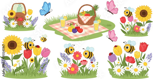 Picnic in the Garden Icon Set with Sunflowers, Tulips, Bees, Butterflies, Fruit Basket, and Vibrant Flowers for Spring, Nature, and Outdoor Activities