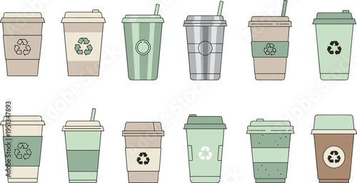 Reusable Coffee Cups with Green Recycling Symbols and Eco-Friendly Design Vector Illustration
