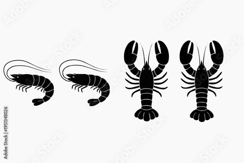 Minimalist shrimp and lobster silhouettes, clean vector style, solid black shapes, isolated on pure white background.