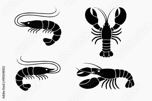 Minimalist shrimp and lobster silhouettes, clean vector style, solid black shapes, isolated on pure white background.