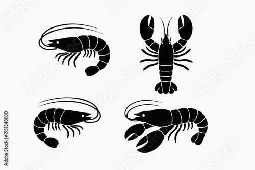Minimalist shrimp and lobster silhouettes, clean vector style, solid black shapes, isolated on pure white background.