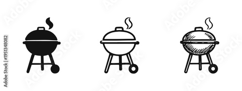 BBQ Grill Icons Set with Smoke in Silhouette, Outline, and Hand-Drawn Styles