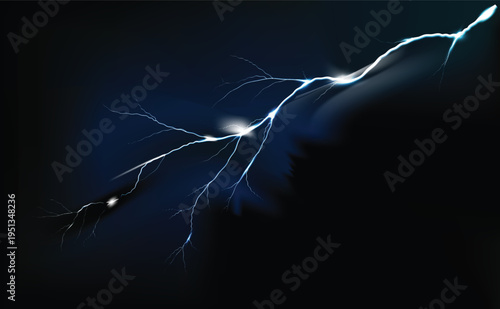 Dynamic electric lightning bolt crackling through dark stormy night sky with blue glowing energy