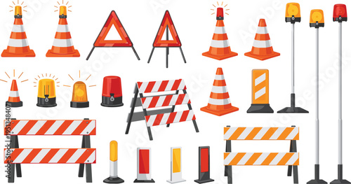 Road Safety Equipment and Traffic Warning Cone Vector Icon Set Featuring Barricades Flashing Beacons Reflective Signs and Construction Barriers