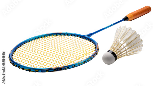 Tableau sur toile Isolated badminton racket with yellow strings and shuttlecock, essential equipme