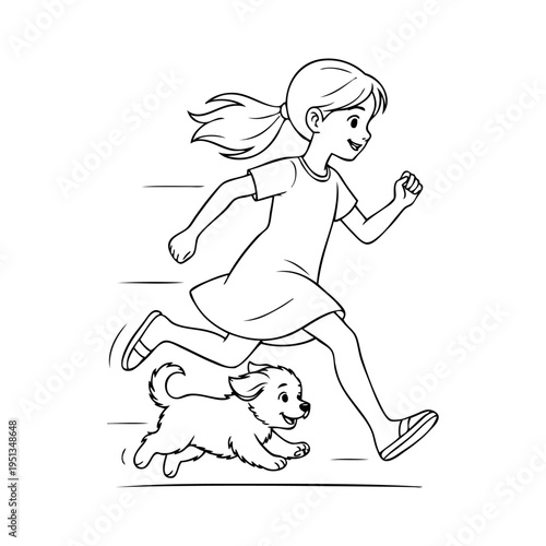 Dibujo sencillo con líneas de una niña feliz de pie, con ropa informal, corriendo con un cachorro de perro