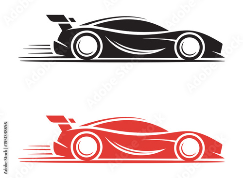 Racing car silhouette logo, speed motion lines, modern automotive branding design, high-speed vehicle emblem, vector illustration