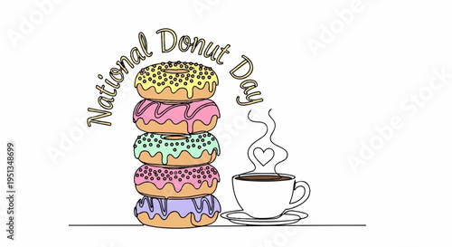 National donut day celebration with colorful donuts and steaming coffee cup on a saucer