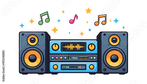 Stereo system with two large speakers and a central unit displaying sound waves, colorful musical notes floating above