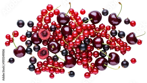 Fotografie Isolated fresh mixed berry and cherry assortment including ripe red and black cu