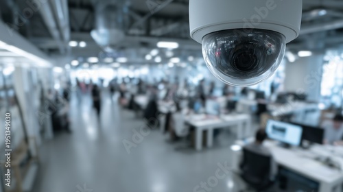 Security camera watches busy modern office space for safety and surveillance in a work environment