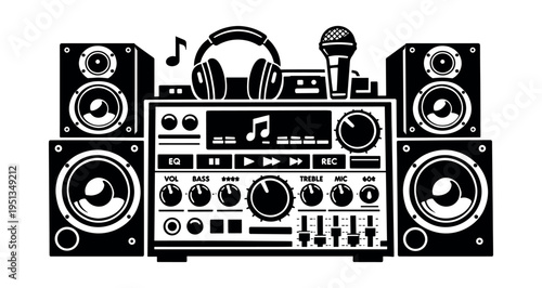 Sound system with amplifier, large speakers, headphones, and a microphone, representing audio production, recording, and entertainment