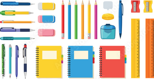 School Stationery Supplies Vector Icon Set Featuring Pens Pencils Erasers Sharpeners Notebooks Rulers and Office Writing Tools Collection