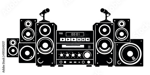 Music sound system featuring multiple speakers, audio equipment, stereo receiver, and two microphones in a graphic illustration