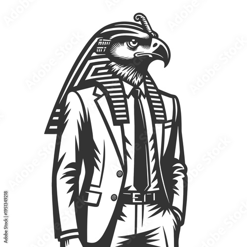 falcon-headed humanoid in a suit, inspired by Egyptian mythology, symbolizing power, leadership, and authority sketch engraving generative ai vector illustration. Scratch board. Black and white image.