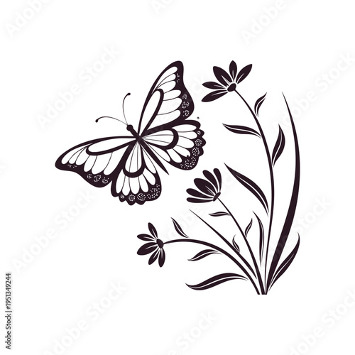 A beautiful black and white silhouette illustration of a butterfly hovering near wild flowers
