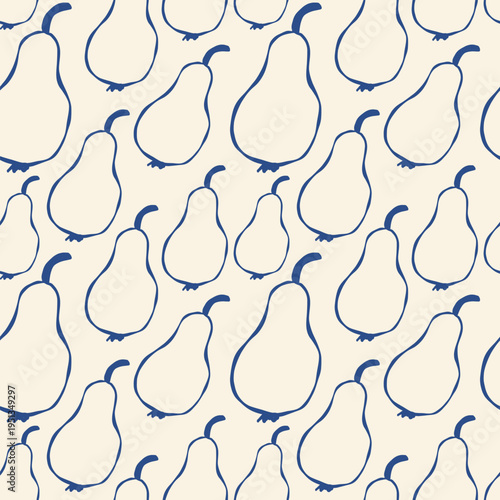 Hand-drawn pears in blue outline on cream background. Simple, elegant sketch with soft, rounded shapes. Perfect for kitchen decor or fruit-themed designs. Minimalist style adds charm to any project