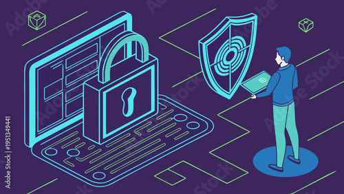 A young woman with headphones listening to music on a computer solves a 3d business puzzle strategy representing a technology solution and success target in a web maze vector illustration