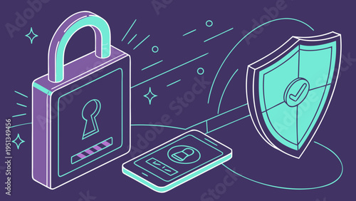 Vector illustration of a digital security concept featuring a shield and padlock icon set for business network data protection on a computer web interface
