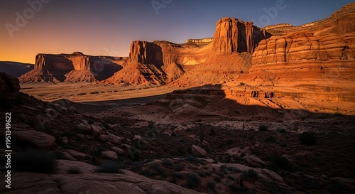 Majestic Canyon Landscape at Sunset with Vibrant Orange Hues and Dramatic Shadows.