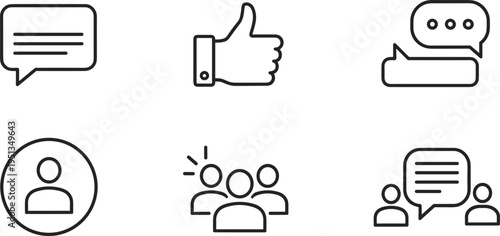 Social Media and Communication Icon Set Featuring Chat, Thumbs Up, Group Chat, User Profile, and Conversation Symbols for Messaging and Social Interaction Applications