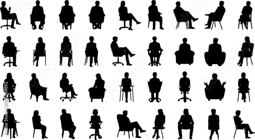 Collection of diverse human silhouettes seated in various poses on white background Keywords: silhouette, people, seated