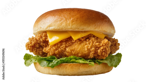 Photography Isolated delicious crispy fried chicken sandwich with melted cheese and fresh green lettuce