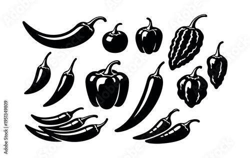 Various dark chili pepper and bell pepper outlines illustrating heat, flavor, and culinary ingredients