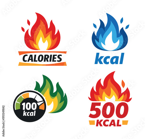 Calorie burning icons representing diet, fitness, health, and energy metabolism for tracking weight loss and nutrition