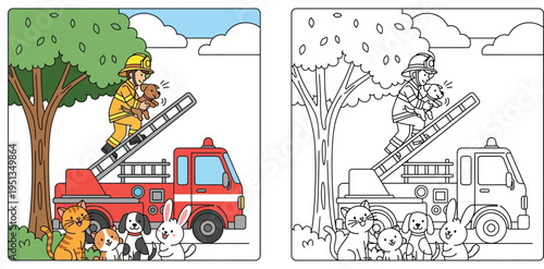 Firefighter rescuing puppy from a tree with fire truck and cute animals, color and outline coloring page vector.