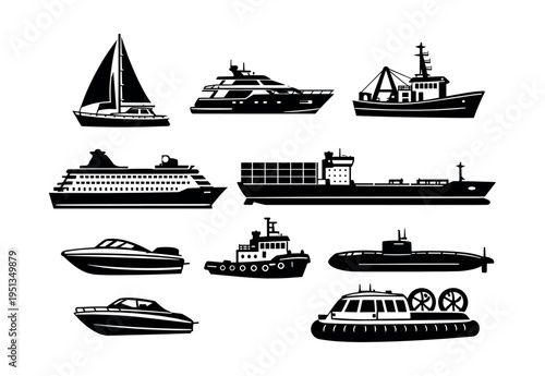 Set of different nautical water transport types. Black silhouettes of various marine vessels on a white background