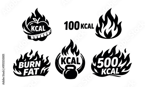Set of black and white icons representing calorie burning, weight loss, and fitness concepts with flames, food, and exercise symbols