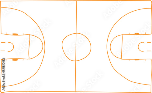Minimalist orange outline drawing depicting the precise layout and dimensions of a standard professional basketball court seen from a top down perspective for design or sports analysis.